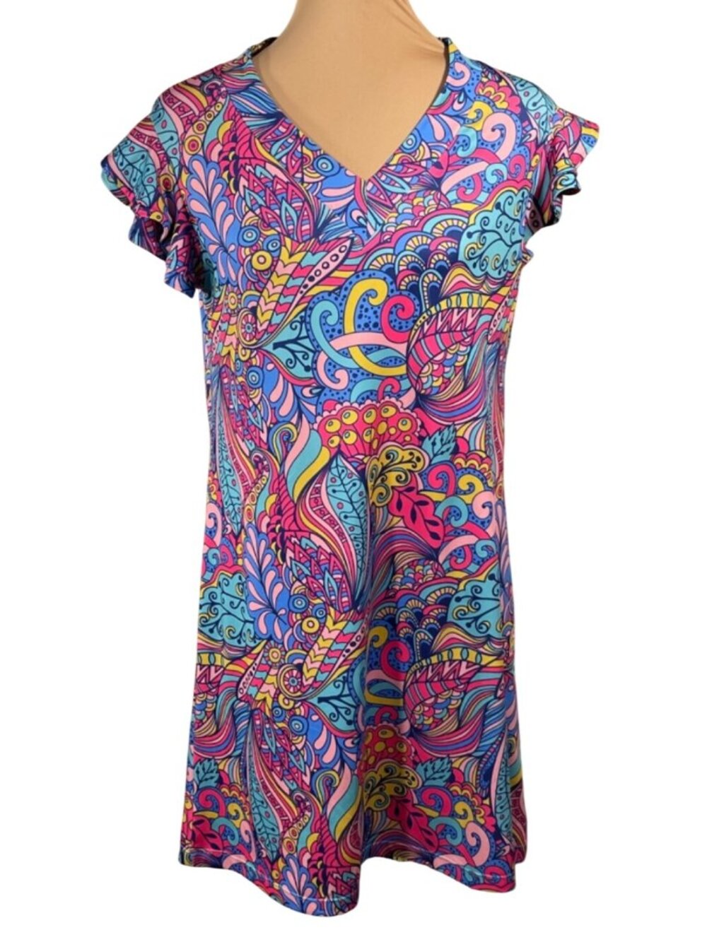 Chelsea Gunn Mini Dress Cap Ruffle Sleeve Size M Medium Pink Blue Stretch